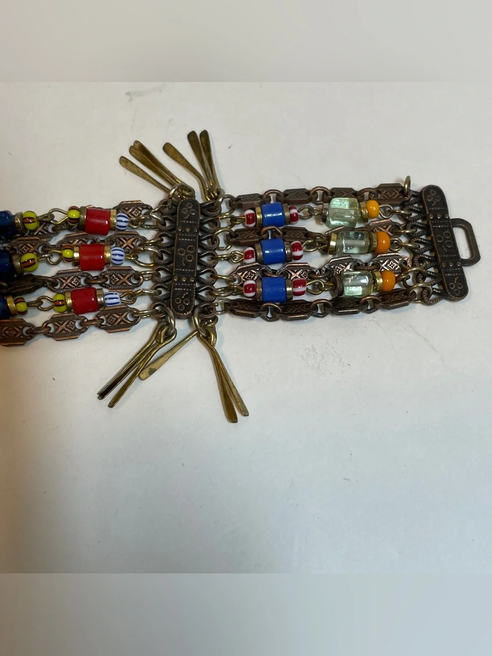 African Egyptian  Style Boho Beaded Copper Chain Brass Paddles Dangle Bracelet